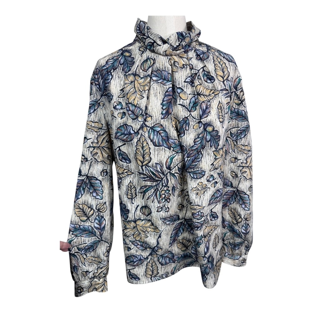 Pyke Ltd Vintage Floral Leaf Print Blouse Ruffled‎ Mock Neck Zip Back Women's M - Picture 2 of 8